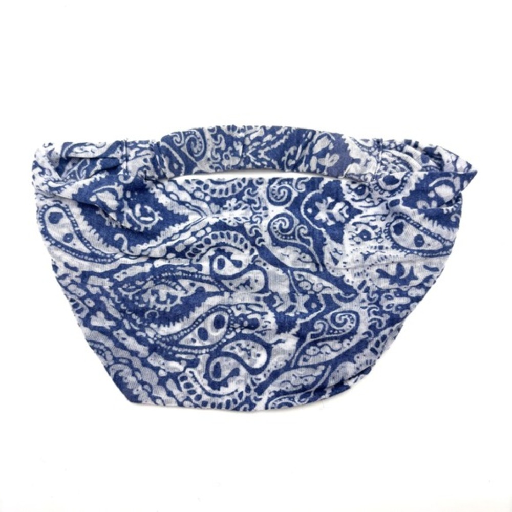 Blue White Paisley Elastic Back Bandana Headband Boho Yoga Retro Coastal Western
